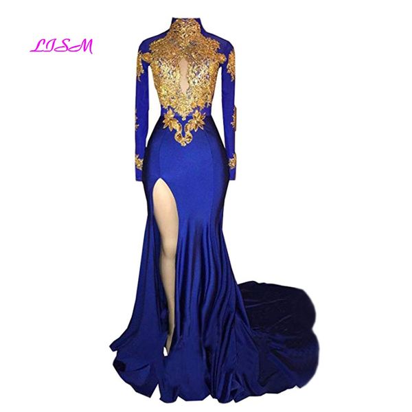 

women's mermaid high neck prom dress 2019 new gold applique long sleeves split evening gowns royal blue sweep train prom dresses, White;black