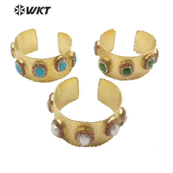 

wt-rb036 new arrival natural stone/pearl bracelet stone with rhinestone paved gold electroplated bangle adjustable size bangle, Black
