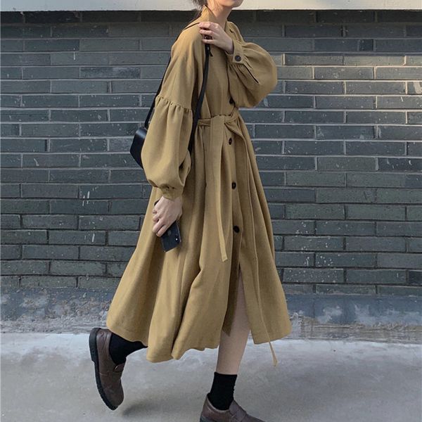 

spring autumn korean lady windbreaker women coat new elegant sashes button lantern sleeve long trench coat loose jumper winter, Tan;black