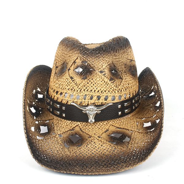 

new straw hollow western cowboy hat women men handmadepunk sombrero hombre beach cowgirl jazz sun hat size 56-58cm, Blue;gray