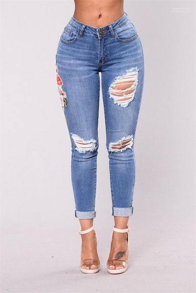 

embroidery old school high fashion regular jeans designer knee holes womens jeans classic pencil pants casual, Blue