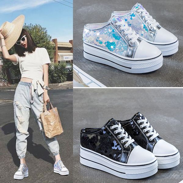 

increased internal med slippers casual shoes slides cover toe loafers slipers women platform soft summer flat 2020, Black