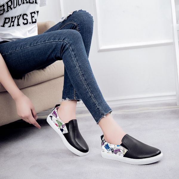 

fashion graffiti flats shoes woman slip on lazy leisure comfortable shoes zapatos de mujer, Black