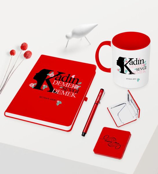 

personalized custom women day themed red notebook pen cup mirror set-4