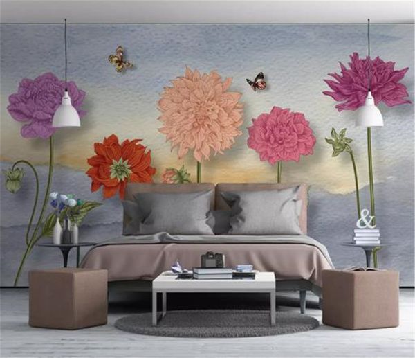 3D-Tapete, nordische kleine frische handgemalte Aquarell-Cartoon-Blumen, Wohnzimmer, Schlafzimmer, Hintergrund, Wanddekoration, Wandbild