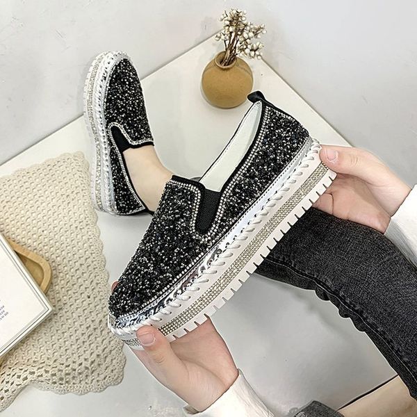 

women flats shoes woman flatform slip on single shoe bling shiny crystal deco loafers chaussures femme zapatos mujer sapato d202, Black