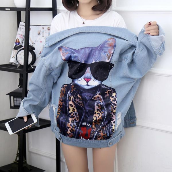

leopard and sunglasses cat patch denim jacket women spring autumn jacket female oversized vintage hole streetwear jackets wj312, Black;brown
