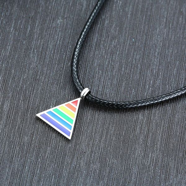 

men rainbow gay lesbian lgbt pride triangle pendant necklaces for woman with 24" black leather rope chain, Silver