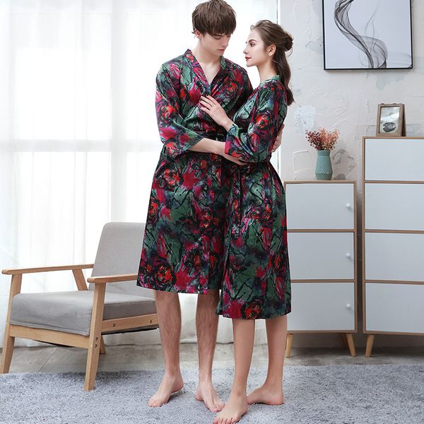

imitation silk sleep robe lovers fashion printed large size 3xl loose comfortable spring summer digital printing sleepwears, Black;red
