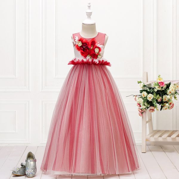 

2019 spring and summer new style europe and america big boy dress sleeveless flower princess long skirts school performance even, Red;yellow