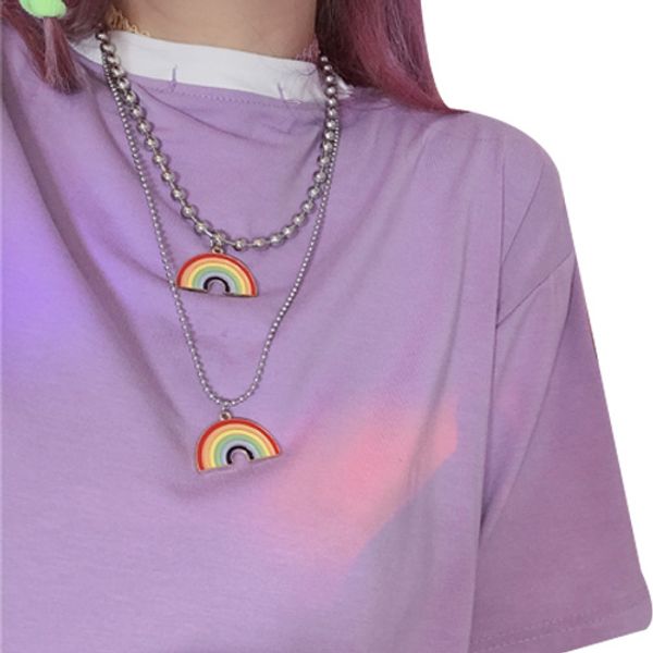 

trendy colorful rainbow pendant stainless steel necklace long chain jewelry sweetheart for women man friendship girl gifts, Silver