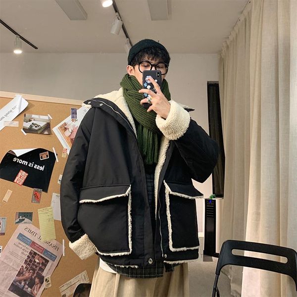 

men women vintage faux lambswool casual loose over coat male streetwear thick campus style jacket outerwear, Black