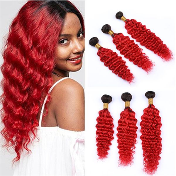 Deep Wave Curly Ombre Red Virgin Hair Weave Bundles Two Tone 1b