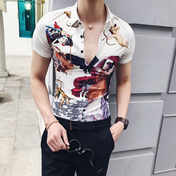 

2019 summer slim fit shirt men england character print casual streetwear camisa homme short sleeve night club social shirt, White;black