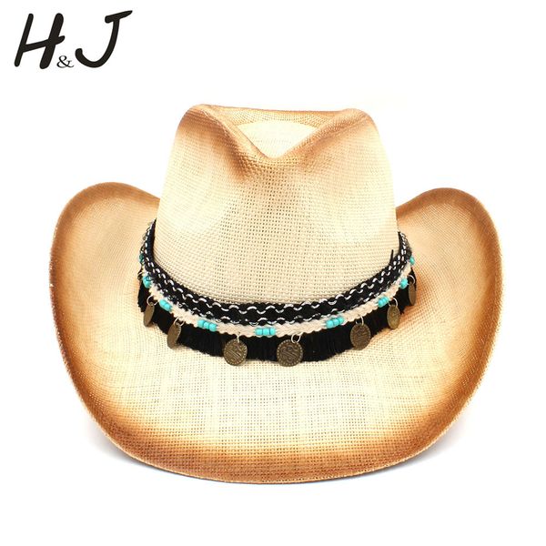 

women men straw western cowboy hat with western band for elegant lady sombrero hombre cowgirl jazz caps size 58cm, Blue;gray