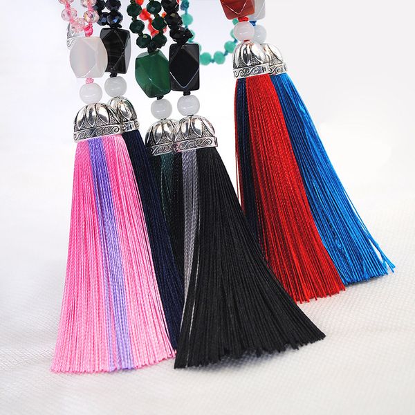 

natural stone mala necklace 6 colors green silk tassel crystal bead tibetan silver long beaded tassel necklaces women gifts