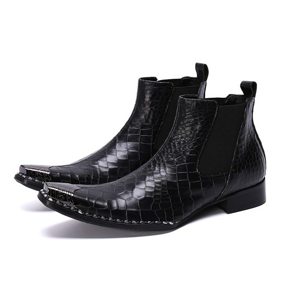 

black mens boots fashion shoes elastic square toe shoes winter men rhinestone bordered ankle boots slip on leather