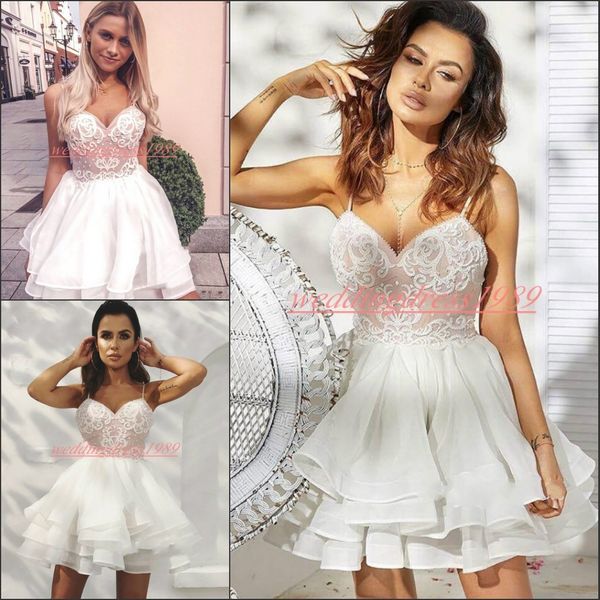 Belo Espaguete Chiffon Curto Homecoming Vestidos Sem Mangas 2019 Lace A-Line A-Line Arábico Arábico Vestido de Prom Cocktail Juniors Club Wear