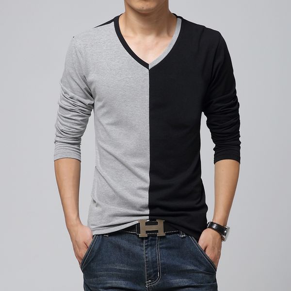

men's t-shirts fashion men long sleeve t shirt mens v neck casual tee tshirt, White;black