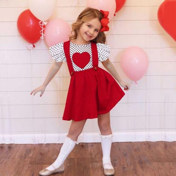 

toddler kids girls clothes set causal polka dot heart-shaped suspender skirts set outfits summer children girl clothing, White