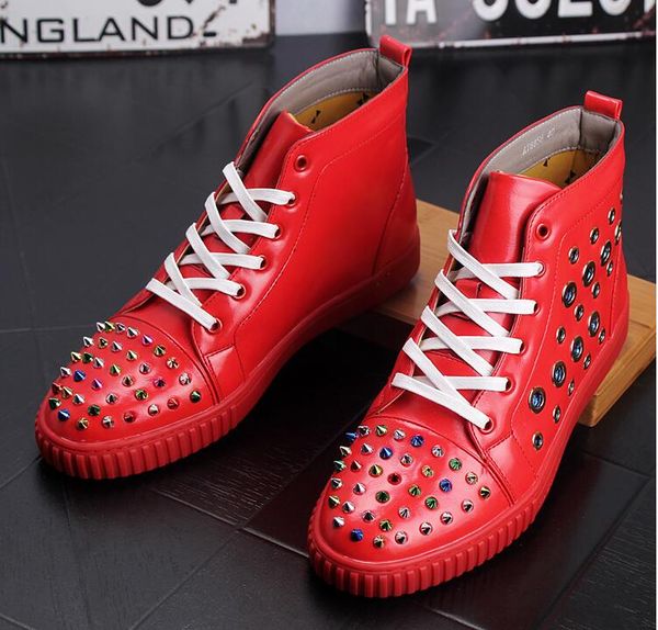 

fashion youth punk men's spikes leather high men sneakers hip hop rivet men casual shoes flats board shoes rivets q02, Black