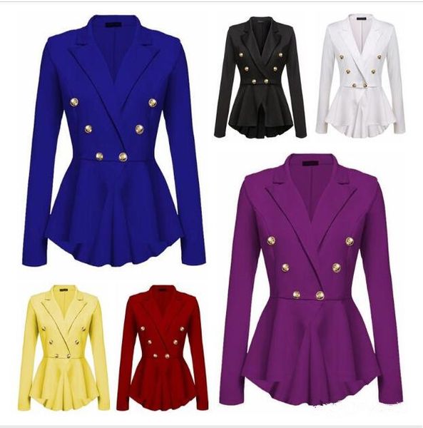 

european american new solid color double row metal buckle long sleeve suit jacket white, yellow, red, black support mixed batch, Black;brown