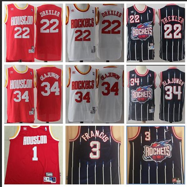 

men rocket 22 drexler 34 olajuwon 3 francis mitchell & ness red 1994-94 swingman jersey, Black;red