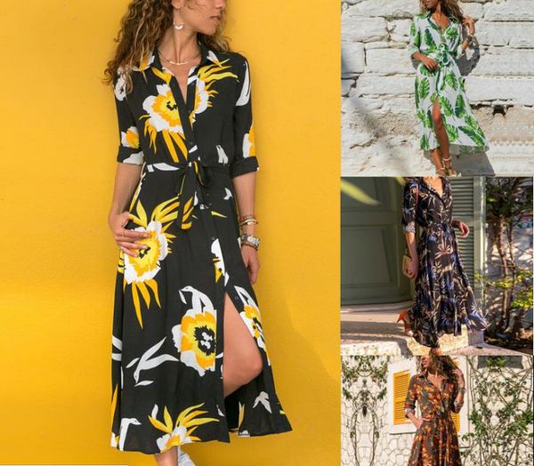 

длинные платья женщины цветочные печати summer beach шифоновое платье богемского с длинным рукавом vintage отпуск платье партии vestidos, Black;gray