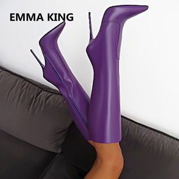 

2019 new arrival women winter purple knee high boots pointed toe thin high heel elegant ladies shoes woman long knight boot, Black