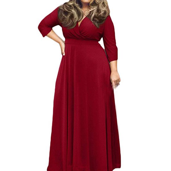 

womens fashion casual plus size solid v-neck three quater sleeve long maxi dress 2019 autumn long sleeve blouse women clothes, Black;gray
