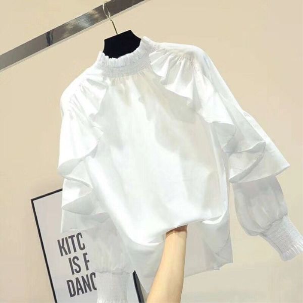 

new sweet lotus leaf shirt women spring autumn new bubble sleeve chiffon shirts girls students' white blouse blusas blusa
