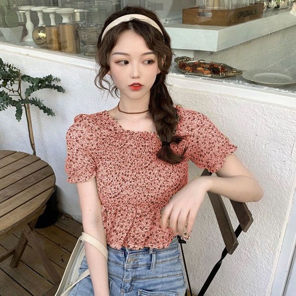 

шифон лето блузы цветочные печати блузы puff рукавом square collar топы женская одежда, White