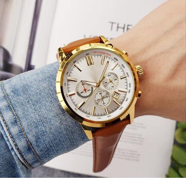 

fashion men's luxury watch leather strap multi-function chronograph business casual sports waterproof men's quartz watch, Slivery;brown