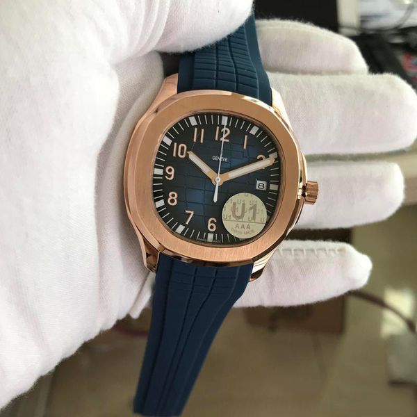 

factory supplier movement engraved mens watch nautilus pp automatic mechanical rubber strap transparent back blue dial men watch, Slivery;brown