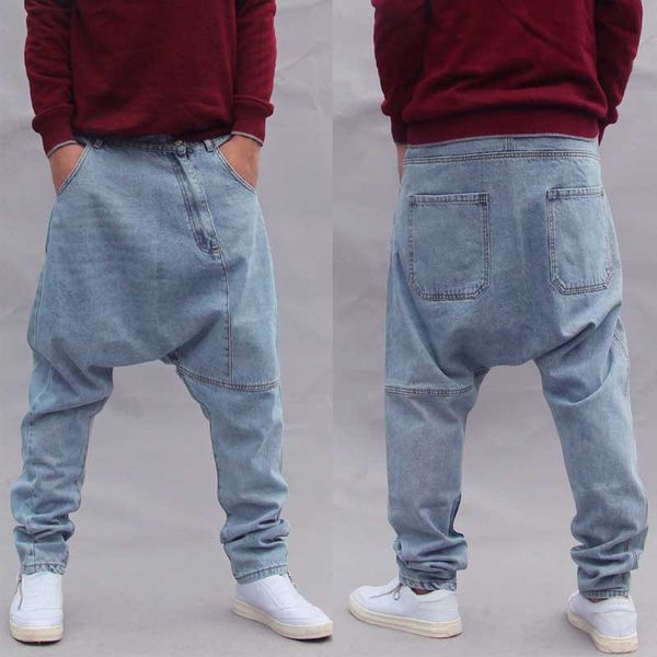 

fashion loose baggy harem jeans men casual denim pants streetwear hip hop jeans pants drop crotch blue trousers man clothing