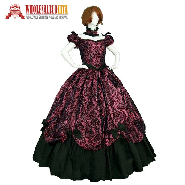 

19 century vintage costumes victorian gothic red printing dress/civil war southern belle halloween dresses, Black;red