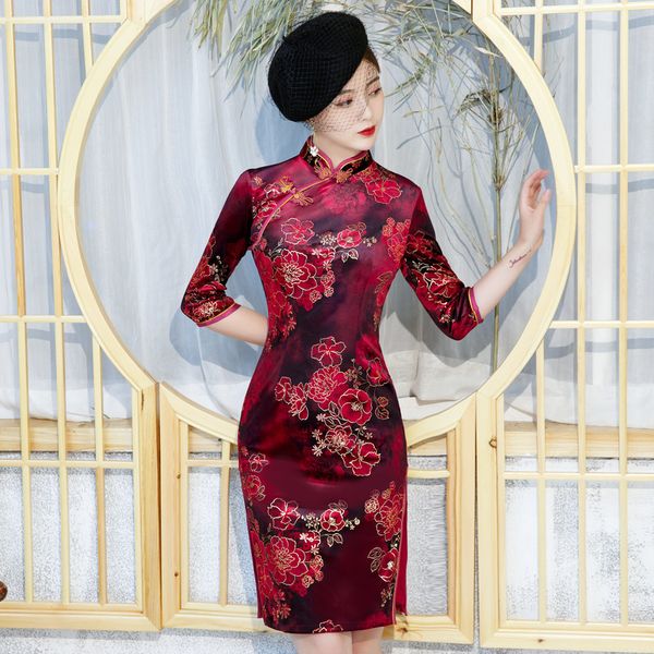 

mini slim high split women cheongsam classic mandarin collar vestidos vintage chinese style dress exquisite print qipao, Red