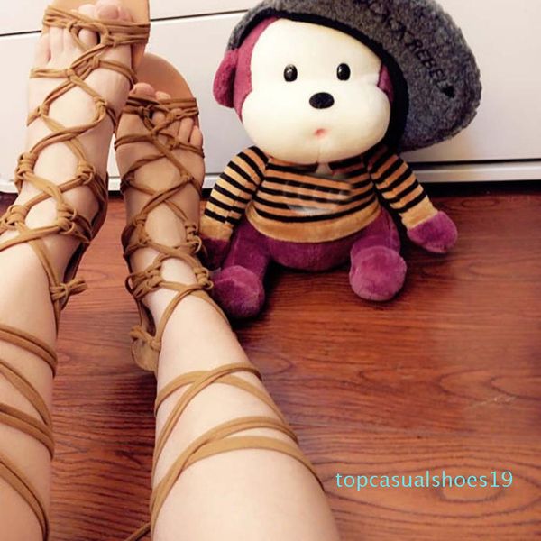 

bandage women lady heeled sandals boots flat summer shoes woman large size knee high gladiator sandals 2018 new plus size t19, Black