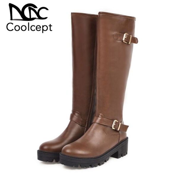 

coolcept plus size 34-46 women knee high boots round toe side zip square heels knight boots buckle winter warm women footwear, Black