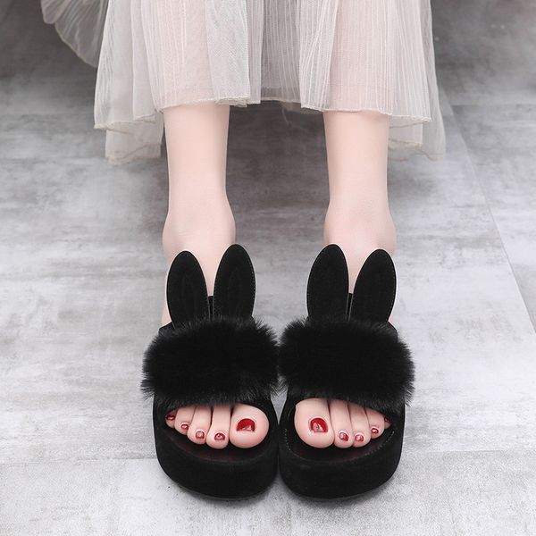 

women's slippers women summer shoes ladies plush platform ears thick bottom slip on woman female casual comfort shoes, Black