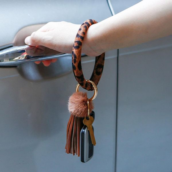 

women leopard pompom tassel big circle wristlet keychain bracelet key holder lady key ring drop faux mink wristlet for phone/han, Silver