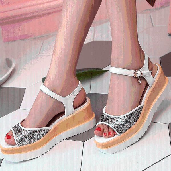 

sandals bling summer high heel platform leisure 2021 wedges women's shoes, Black