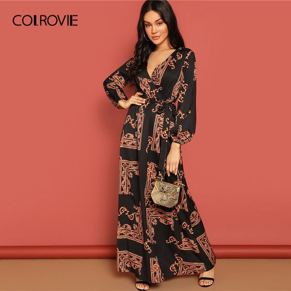 

colrovie v neck scarf print belted wrap casual dress women 2019 spring long sleeve party maxi dress vacation ladies dresses, Black;gray