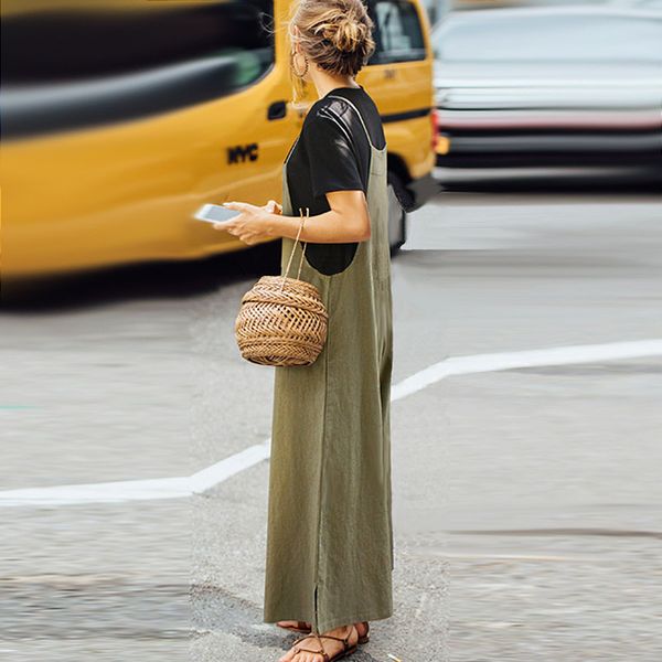 

women casual solid spaghetti straps wide leg pants pockets loose bib cotton linen jumpsuits, Black;white