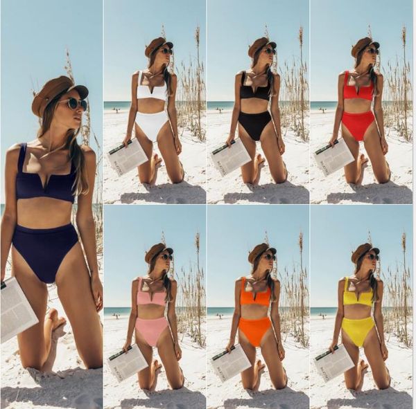 

european and american women's bikini v-neck high waist bikini
