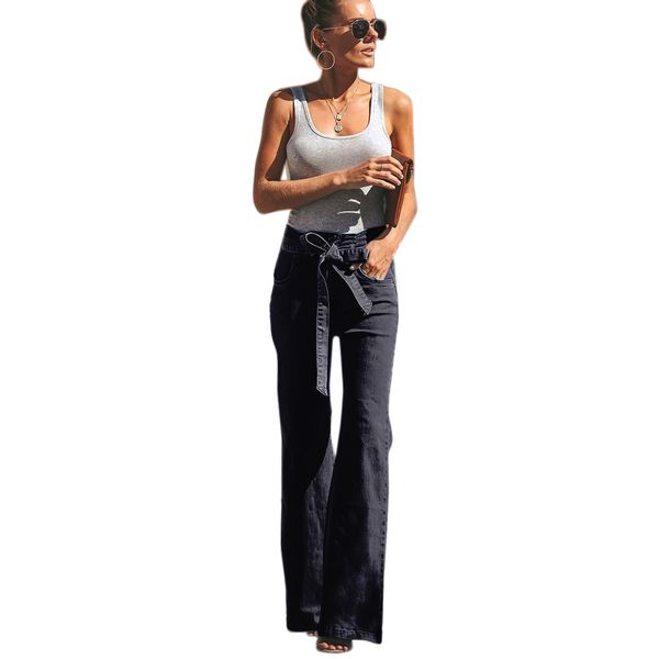 

fashion women fashion wide leg flared jeans comfortable loose solid color high waist zipper pocket trousers jeans with belt, Blue