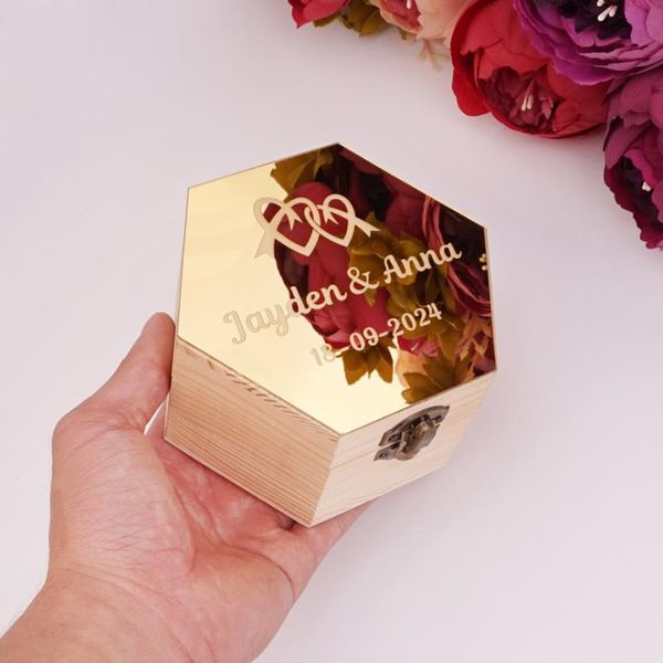 

party favor custom acrylic mirror cover hexagon wooden gift box personalized wedding candy holder display decor favors with buckle