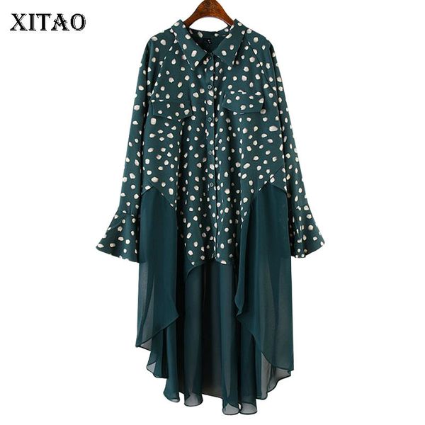 

[xitao] new women fashion 2019 spring summer loose turn-down collar full sleeve pocket casual knee-length dot dress zll2857, Black;gray