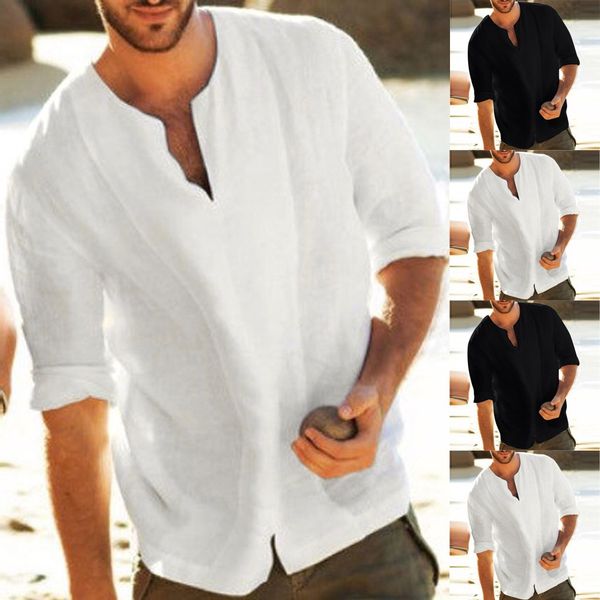 

brand designer fashion shirts men's baggy cotton linen solid color 3/4 sleeve v neck shirts blouses cool breathable men's clothes, White;black
