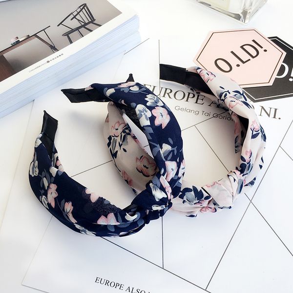 

three-state south korea new style fabric knot solid color wide pressed trim headband floral dotted hair bands women's accessorie, Brown